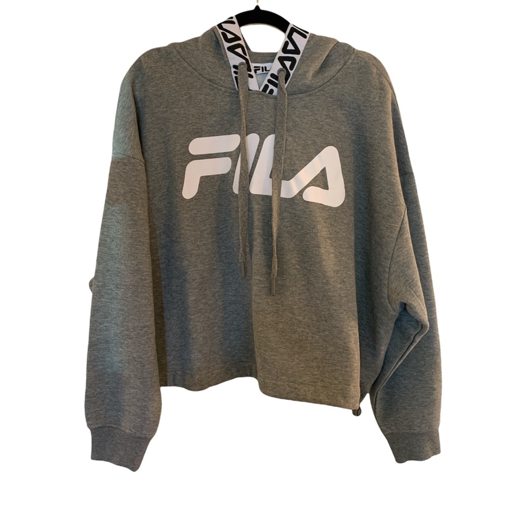 Fila Logo Taping Crop Hoodie - Gray & White 2X